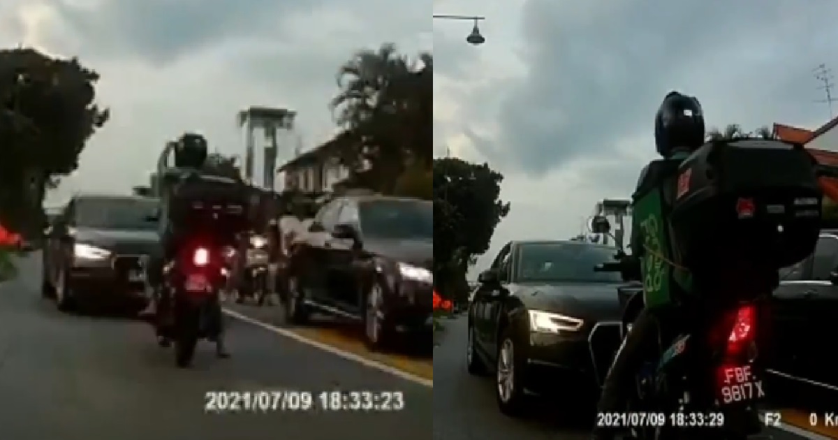 AUDI DRIVER DRIVING AGAINST TRAFFIC FLOW, CONFRONTED BY GRAB RIDER