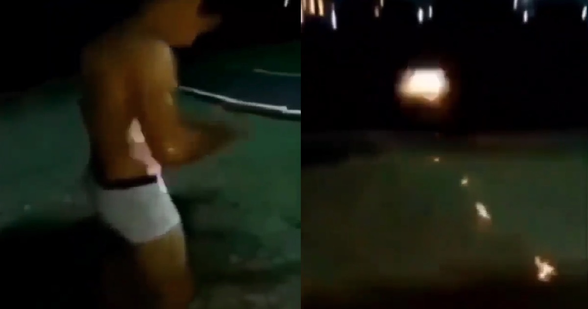 GUY ON FIRE RUN INTO POOL TO PUT IT OUT, LEAVE BEHIND FIRE FOOTPRINTS