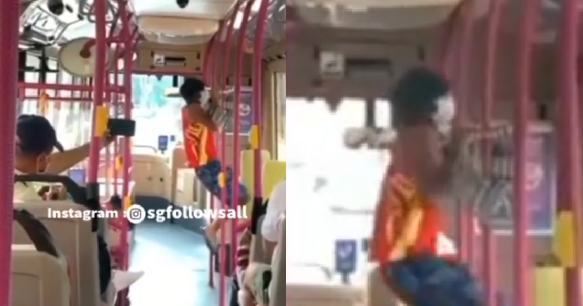 MAN WORK OUT INSIDE MOVING BUS, BUS TURNING STILL CAN DO PULL UP