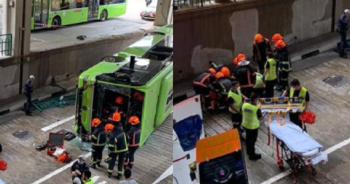 BUS CRASHED ON ITS SIDE AT INTERCHANGE, 17 PASSENGERS INJURED
