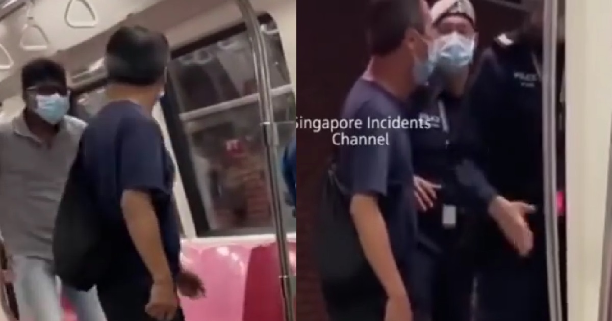 MEN FIGHTING: “NOT HAPPY GO OUTSIDE TALK LAH” – MRT DOOR OPENS, POLICE WAITING