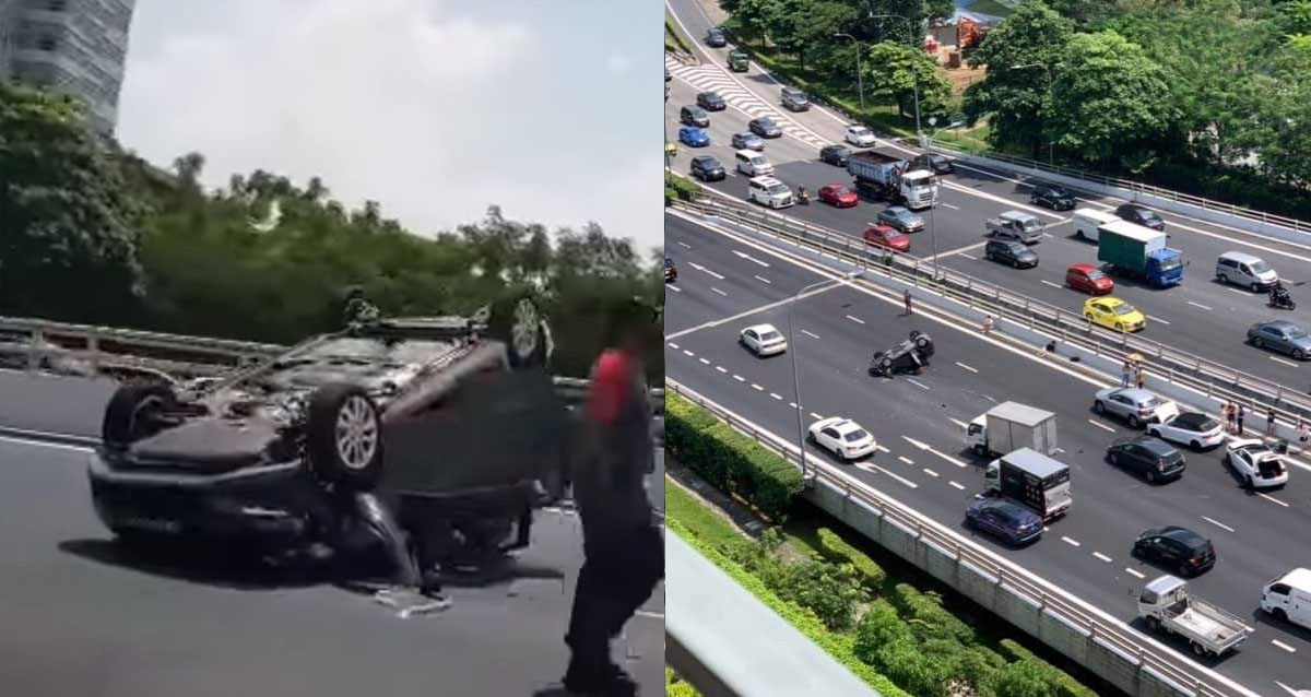 CAR OVERTURNED ON PIE TOWARDS TUAS, 3 LANES BLOCKED