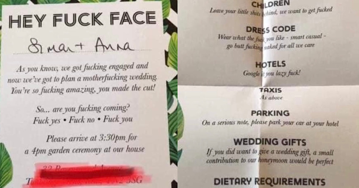 NO F*CKS GIVEN WEDDING INVITE SENT OUT BY ENGAGED COUPLE
