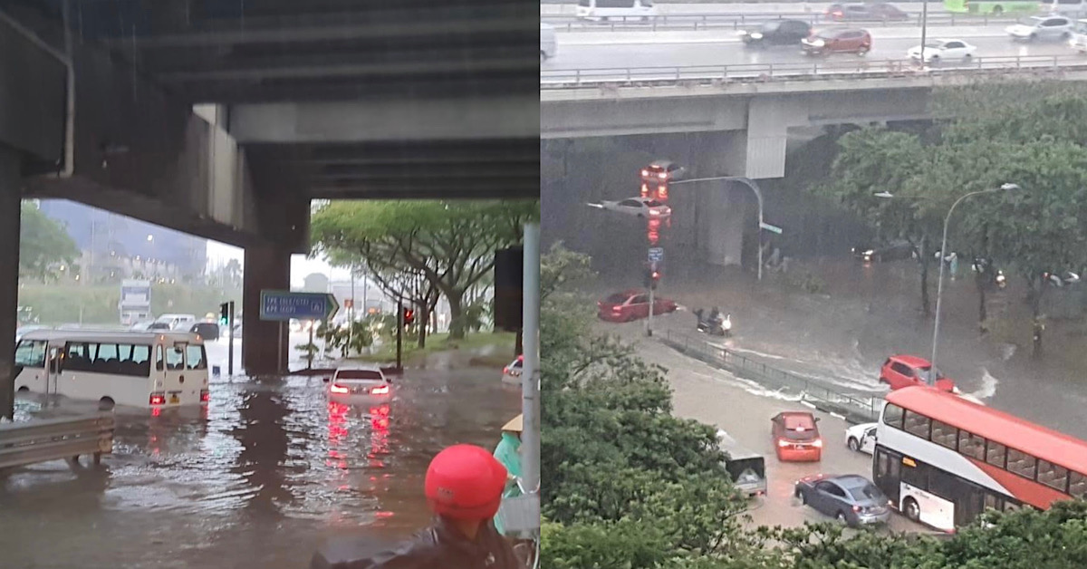 HAPPENING NOW: FLOODING AT TPE ENTRANCE DUE TO HEAVY RAIN, CAR BECOMES SAMPAN