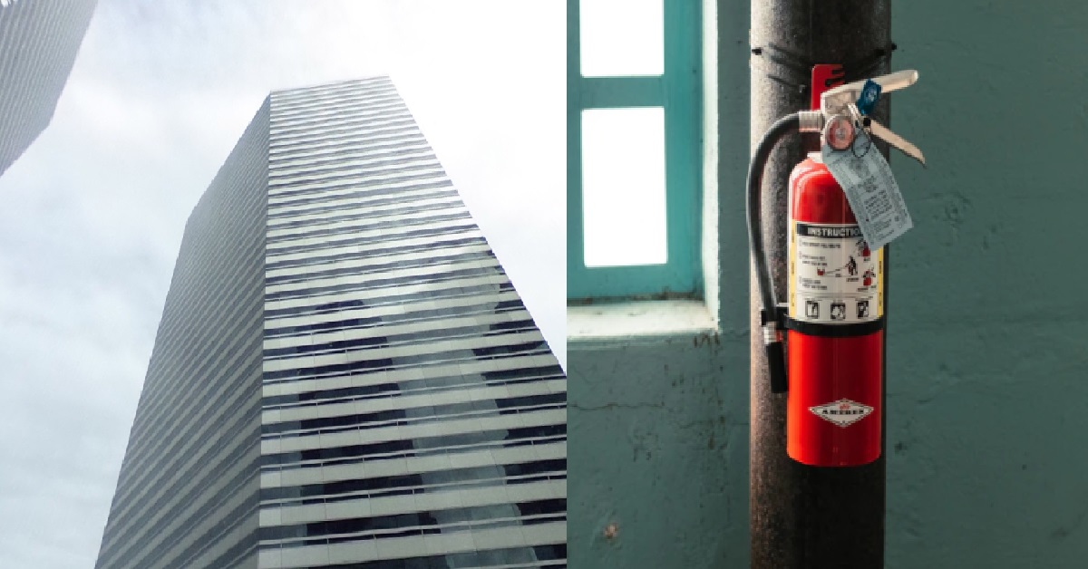 FIRE EXTINGUISHER EXPLODE & SHOOT OUT OF BUILDING’S 23RD FLOOR WINDOW