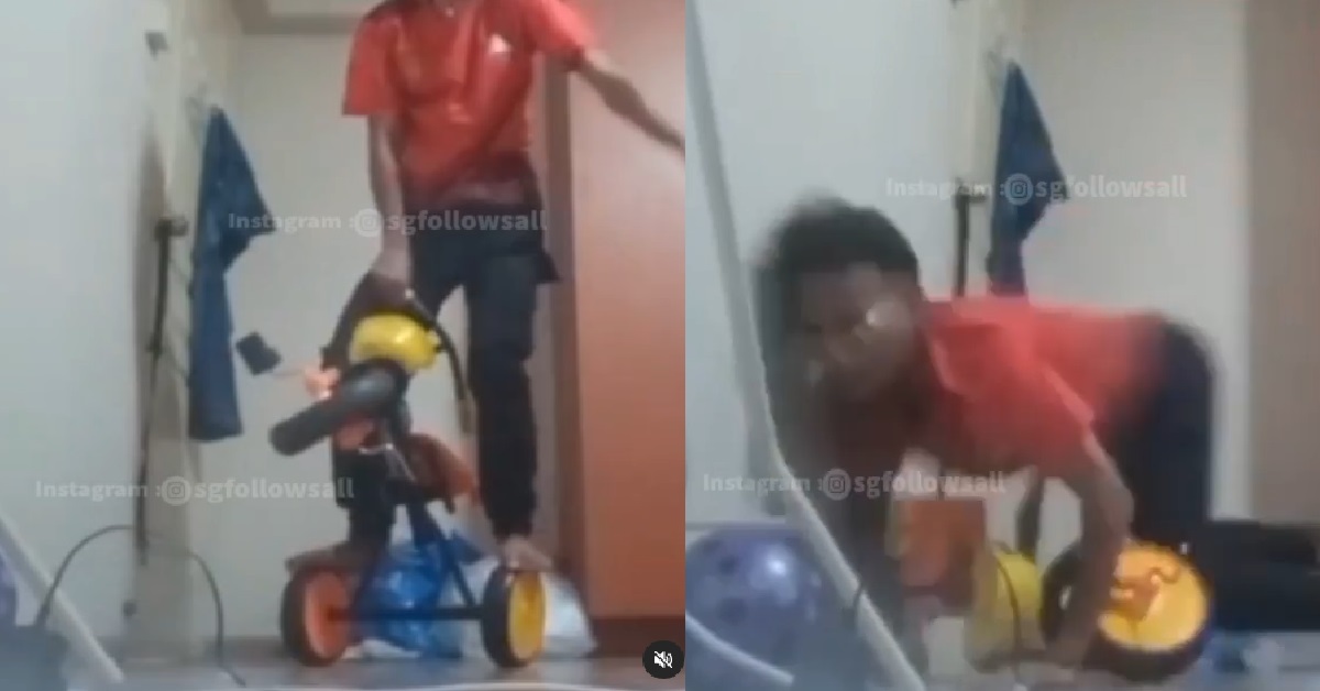 GUY DO STUNT ON TOP OF TOY BICYCLE, FALL DOWN & BANG HEAD ON WALL