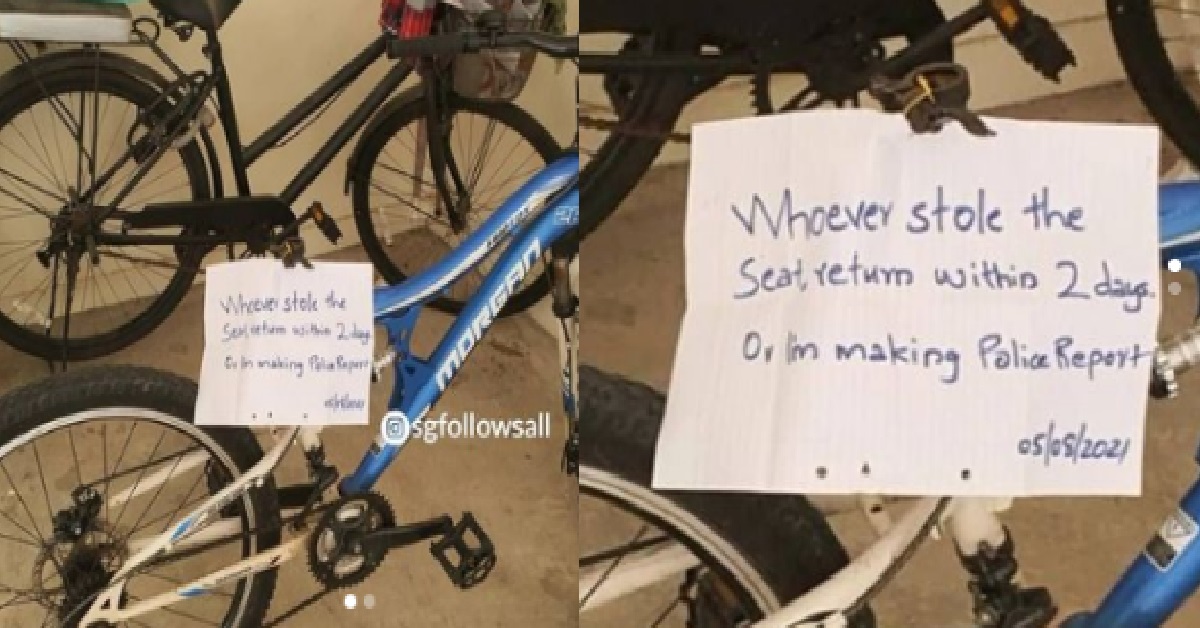 BICYCLE SEAT STOLEN, OWNER LEAVES NOTE FOR THIEF: “RETURN IN 2 DAYS”