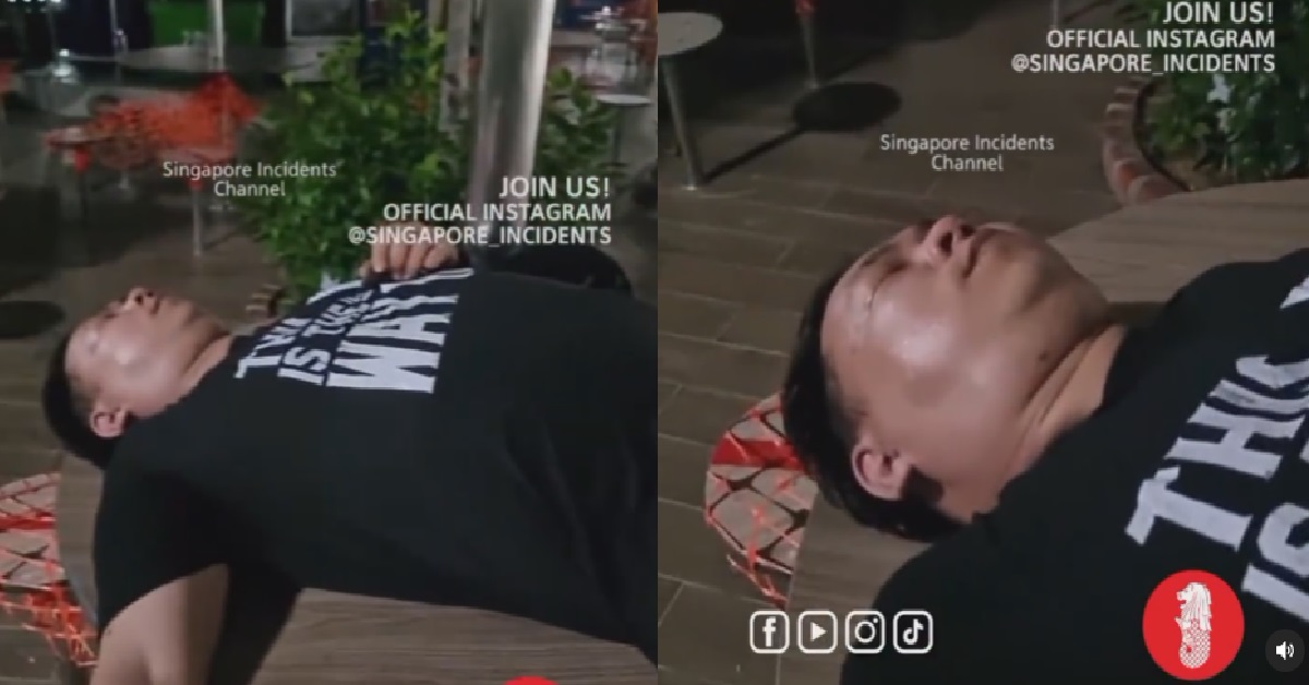 DRUNK MAN K.O ON HAWKER CENTRE TABLE, SLEEP UNTIL SUPER SHIOK