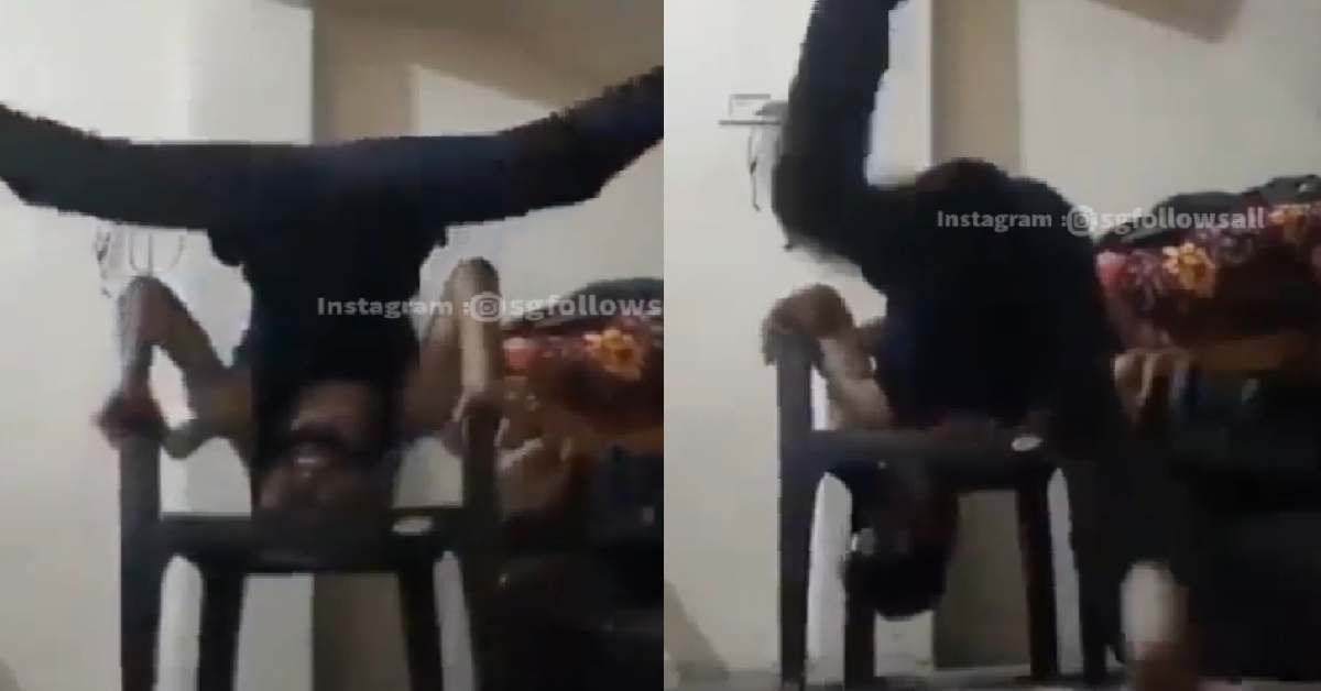 GUY DO HANDSTAND ON CHAIR, BREAKS CHAIR & HEAD STUCK INSIDE
