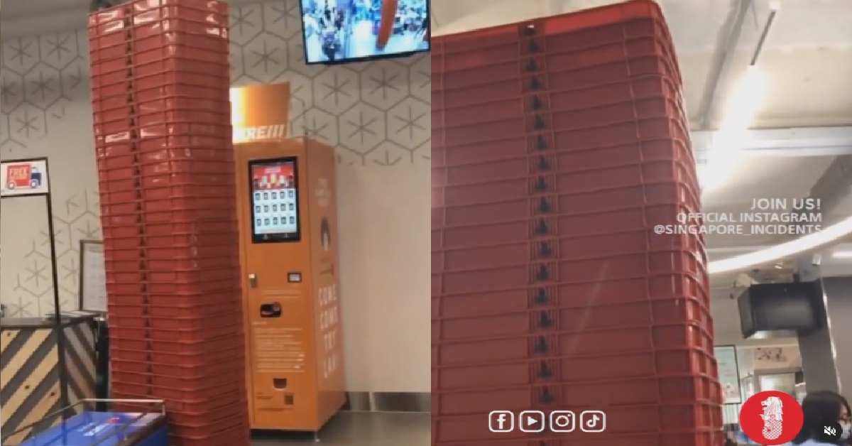 NTUC BASKETS STACK UNTIL TOO HIGH, SHOPPER TOO SHORT CANNOT REACH