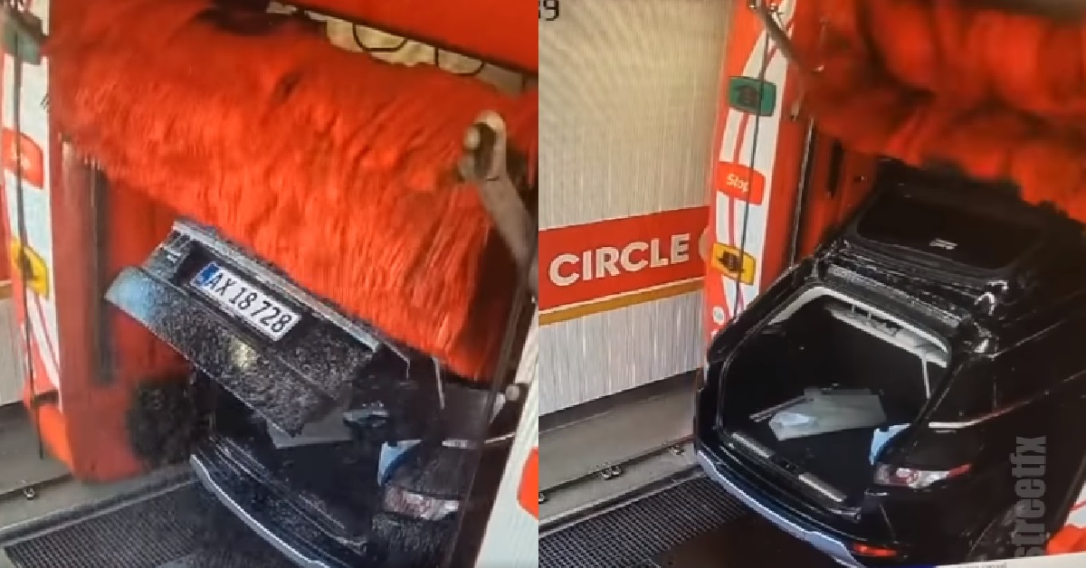 GENIUS DRIVER OPEN CAR BOOT DURING CAR WASH, DOOR RIPPED OFF & DESTROYED