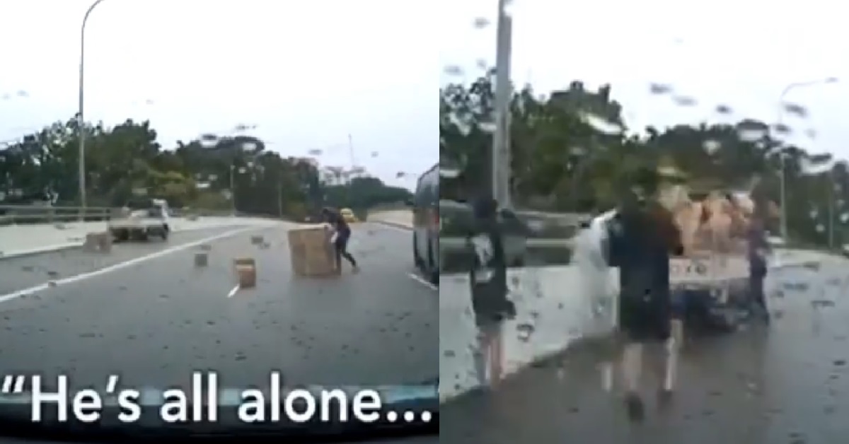 BOXES FALL OFF LORRY ON EXPRESSWAY, KIND DRIVERS STOP TO HELP