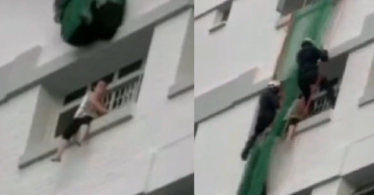 AH MA SIT ON WINDOW LEDGE WANT TO JUMP DOWN, STOPPED IN TIME BY SCDF