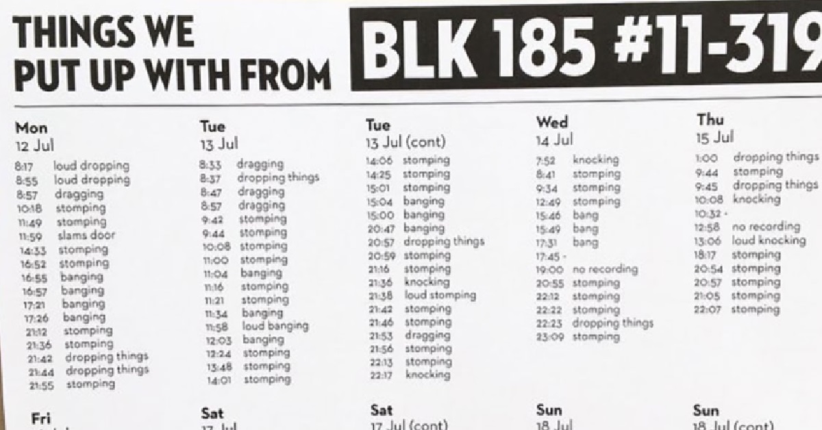 FED UP RESIDENT LISTS DOWN ALL THE TIMINGS OF NOISE MADE BY NEIGHBOUR