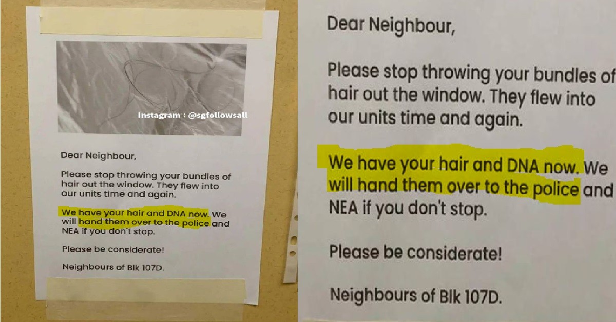 RESIDENT DULAN NEIGHBOUR THROW HAIR OUT WINDOW, LEAVE THEM A NOTE