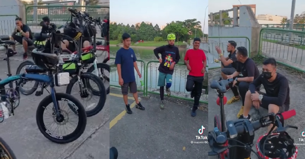 CYCLIST PARK BICYCLE NICE NICE IN A ROW, THEN GATHER IN GROUP OF 7
