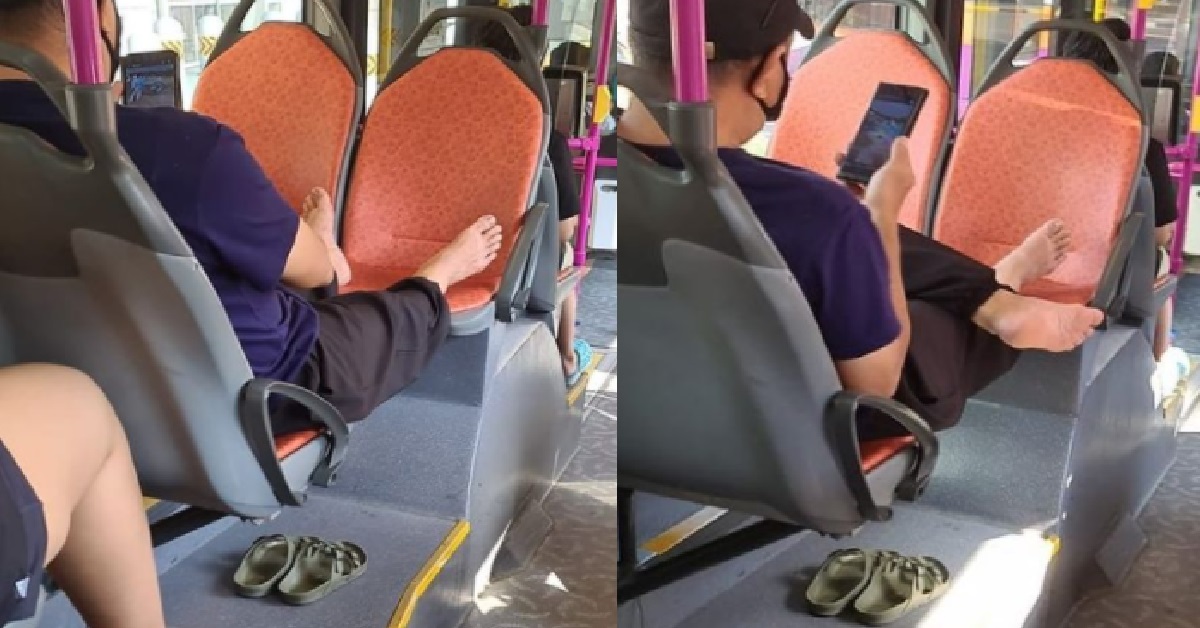 UNCLE PUT HIS SMELLY FEET ON BUS SEAT TO SHARE THE AROMA WITH OTHERS