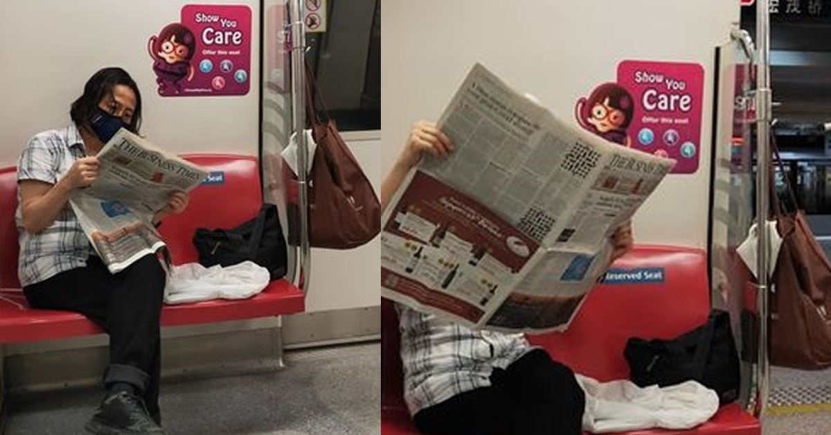 WOMAN OCCUPIES DOUBLE SEAT TO READ THE PAPER IN MRT, “BAG-SIDE” TOO BIG