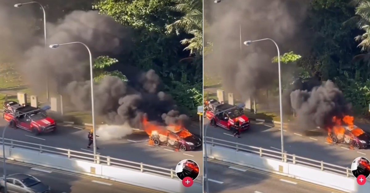 FOOTAGE OF SCDF PUTTING OUT FIRE ON PRIUS TAXI, MINI EXPLOSION HEARD