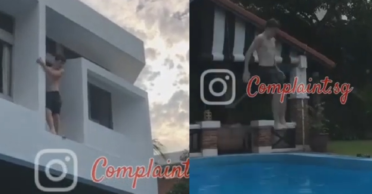 YP JUMP DOWN FROM WINDOW LEDGE OF HOUSE INTO SWIMMING POOL