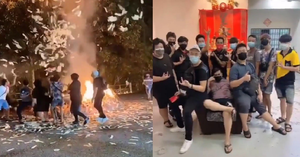 AH BENGS BURN PAPER OFFERINGS ON ROAD, THEN GO BACK FLASH GANG SIGNS