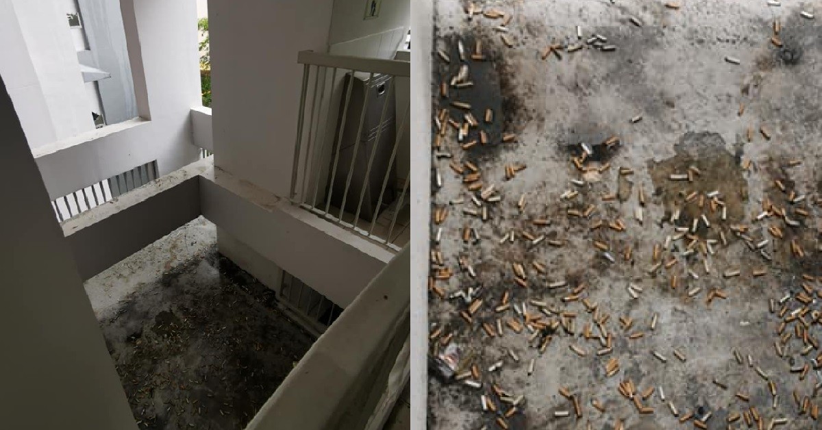 SMOKERS LITTERING AT HDB CORRIDOR, THROW CIGARETTE BUTTS UNTIL FLOOR FULL
