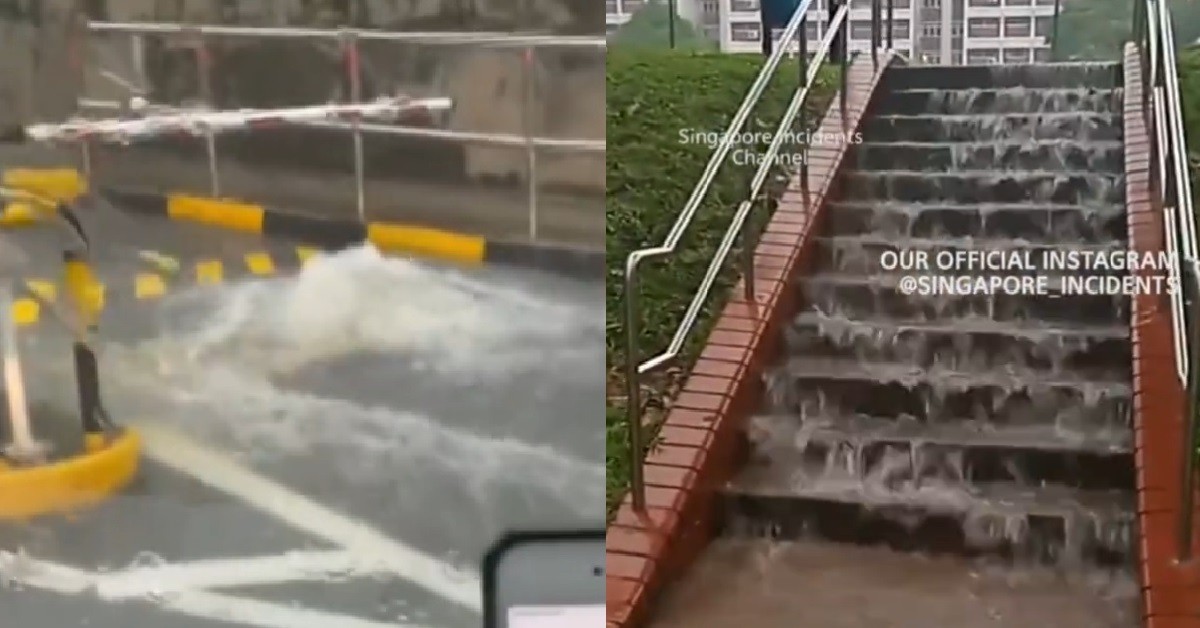 LONGKANG OVERFLOWING, “WATERFALL” AT HDB ESTATE STAIRS DURING HEAVY RAIN