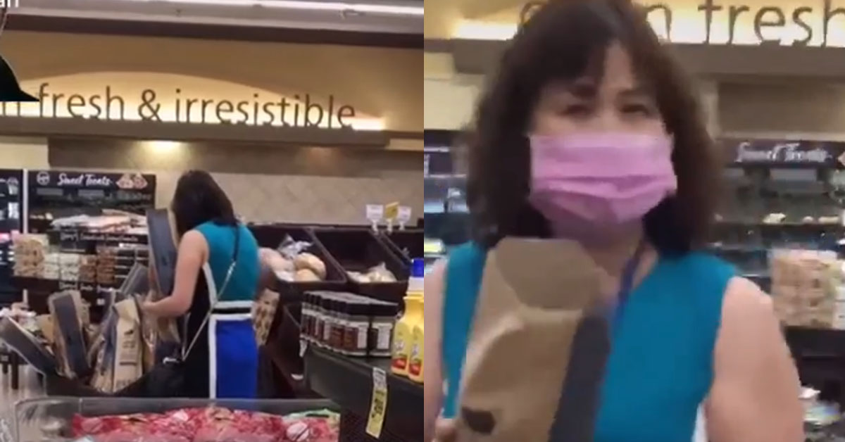 WOMAN OPENS UP BREAD IN SUPERMARKET TOUCHES IT AND PUTS IT BACK