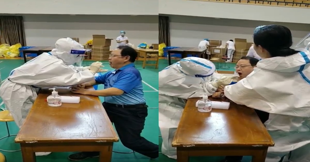 UNCOOPERATIVE GUY TONGUE FIGHTS WITH SWAB STICK AND MAKES MOANING NOISES