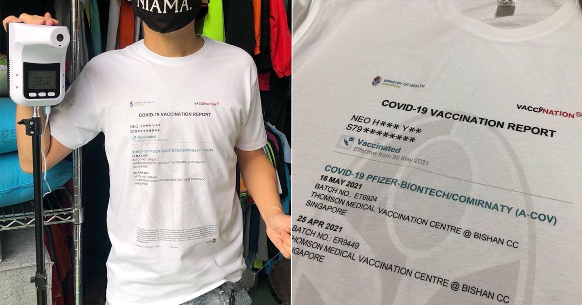 MAN WEARS SHIRT WITH VACCINE STATUS TO ENJOY BEER