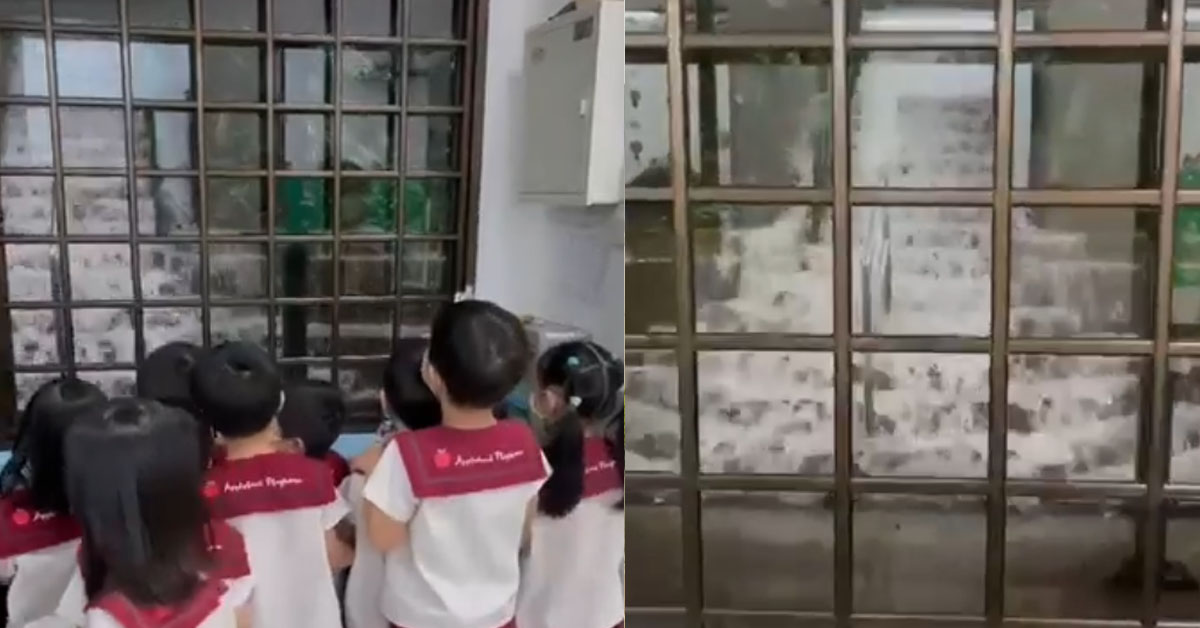 KINDERGARTEN KIDS LEARNING ABOUT WATERFALL FROM HEAVY RAIN