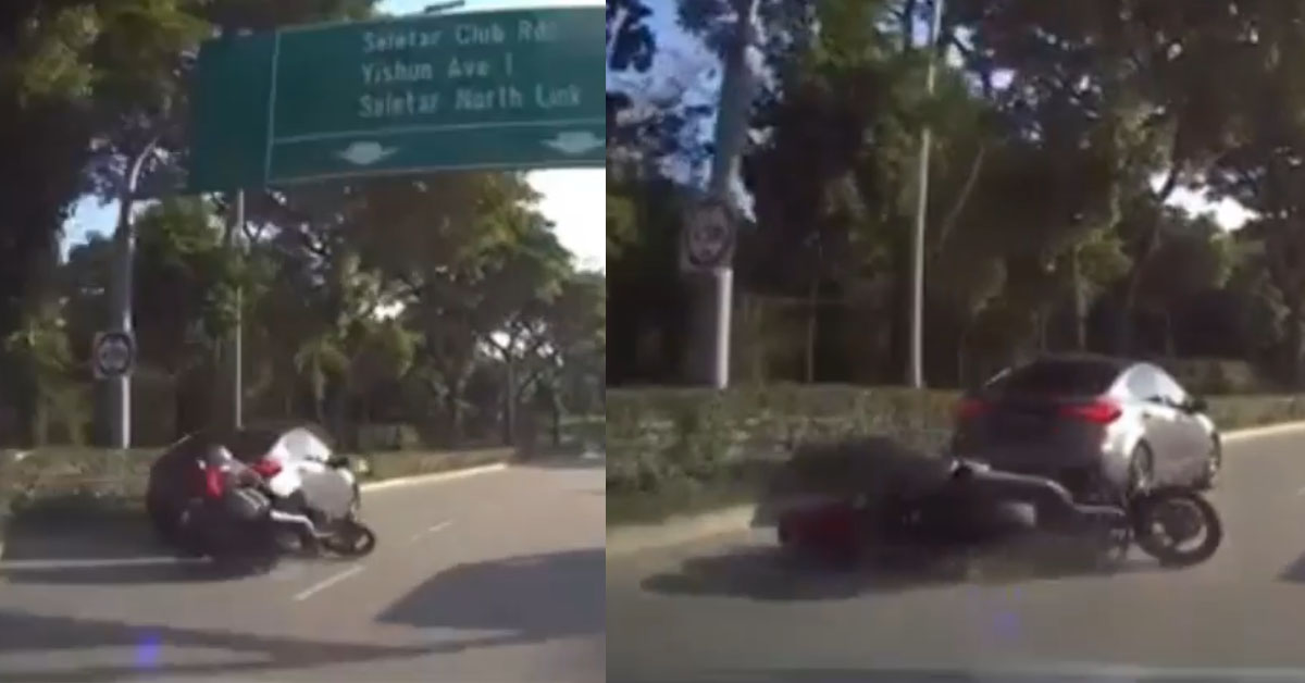 MOTORCYCLIST NO CHECK BLIND SPOT BANG INTO CAR AND FALLS