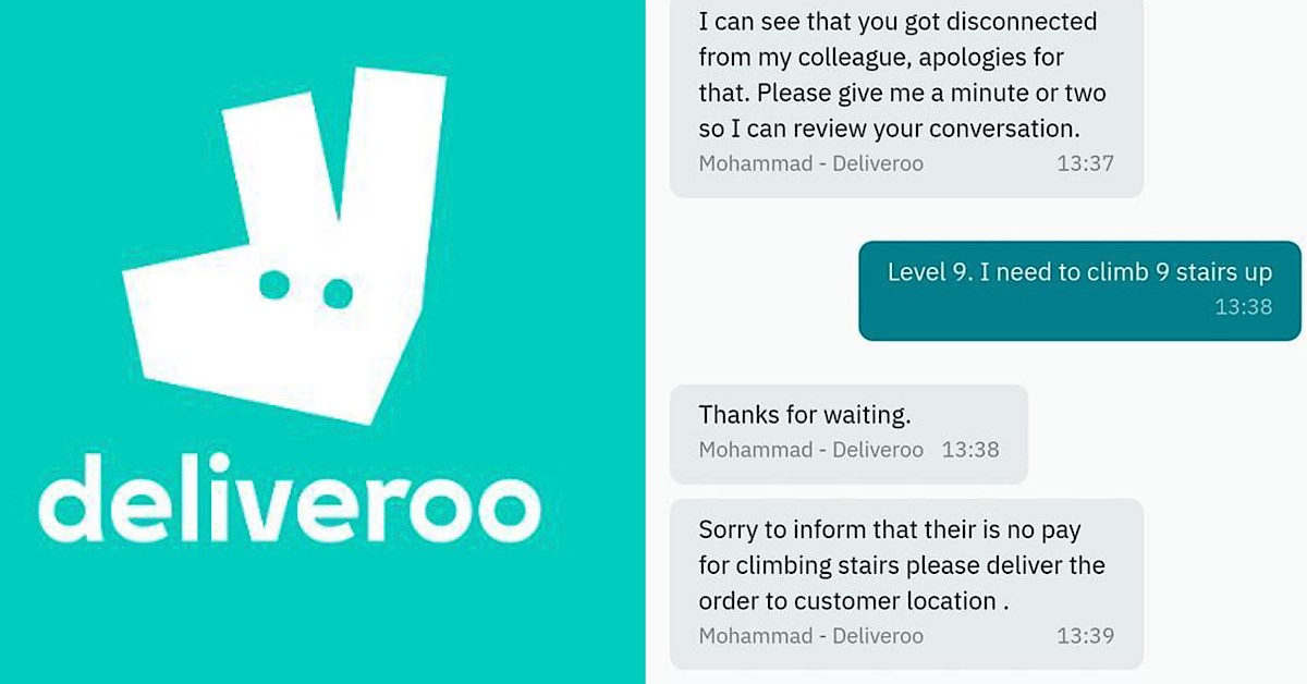 DELIVEROO NO WELFARE ALLEGEDLY ASKED RIDER TO CLIMB 9 FLOORS FOR ORDER