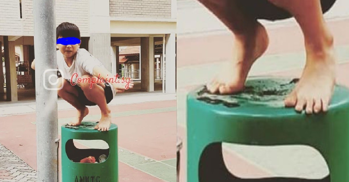 XIAO DIDI NO WEAR SHOE, STAND ON TOP OF RUBBISH BIN WITH CIGARETTE ASH