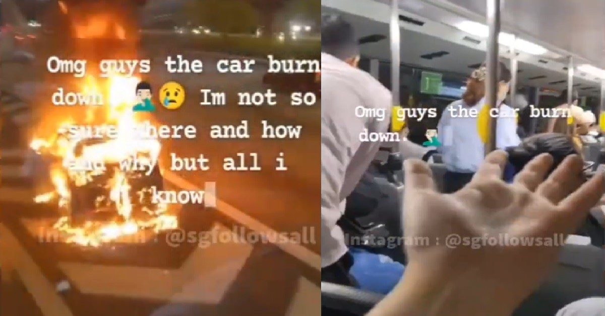 CAR ON FIRE AT EXPRESSWAY, PASSERBYS CAN FEEL THE HEAT FROM INSIDE THE BUS