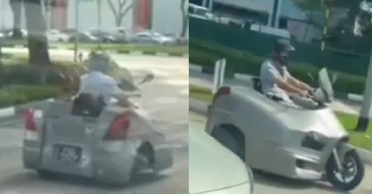 UNCLE RIDING HIS SPECIAL HALF-CAR, HALF-MOTORCYCLE HYBRID