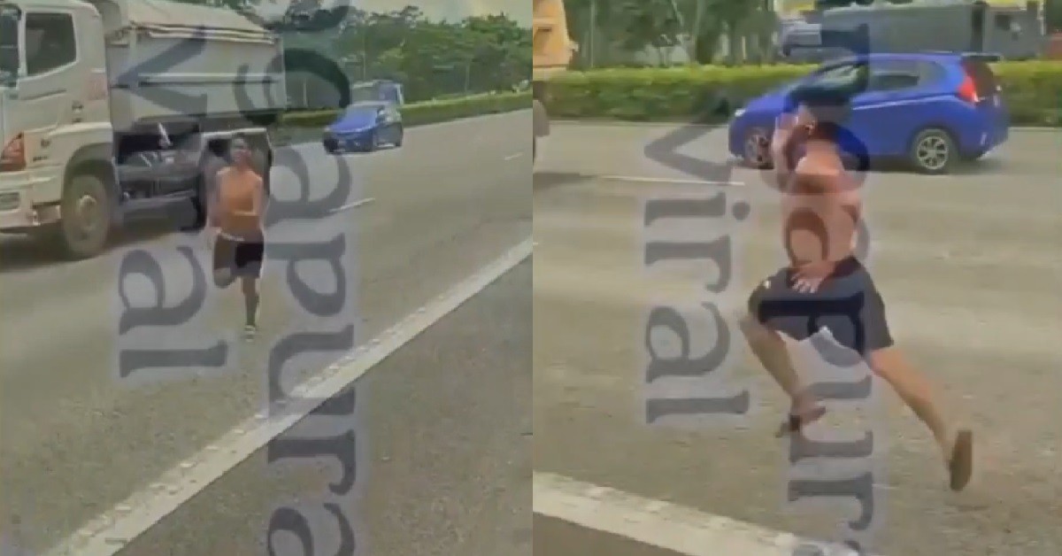 MATREP TAKE OFF SHIRT, RUNNING ON EXPRESSWAY WITH MANY CARS