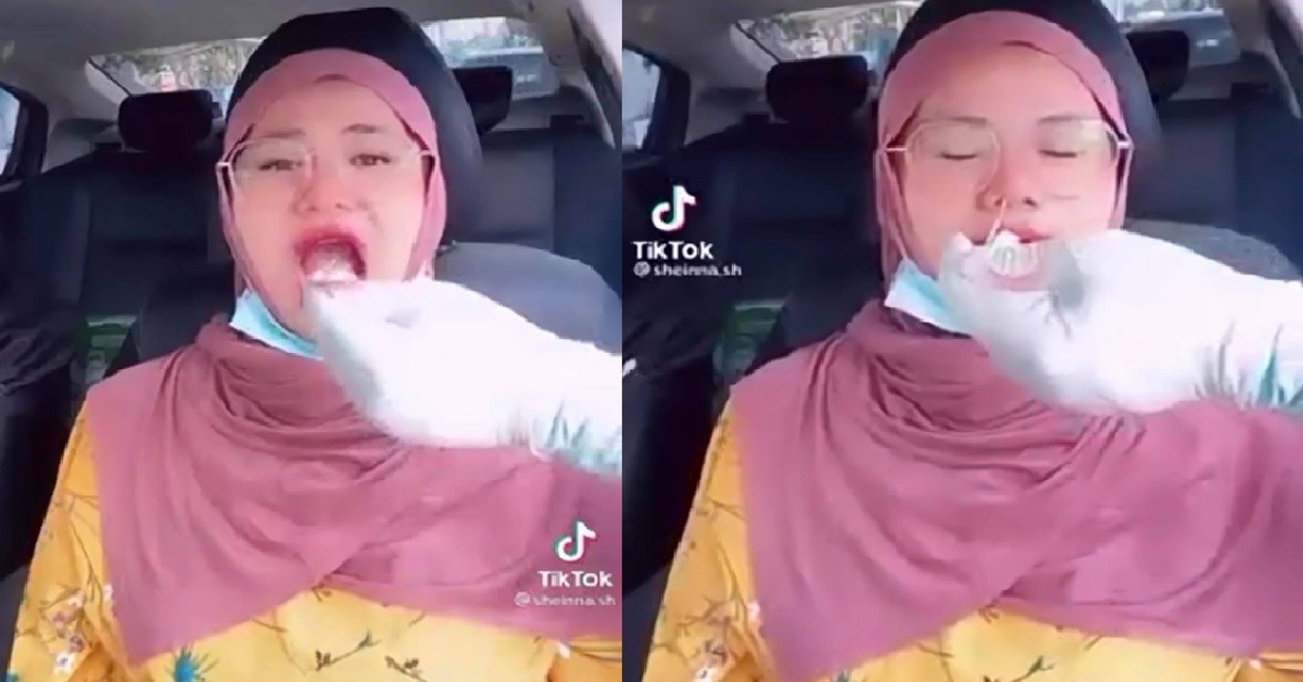 WOMAN KENA SWAB TEST, USE SAME SWAB TO POKE BOTH NOSE & MOUTH