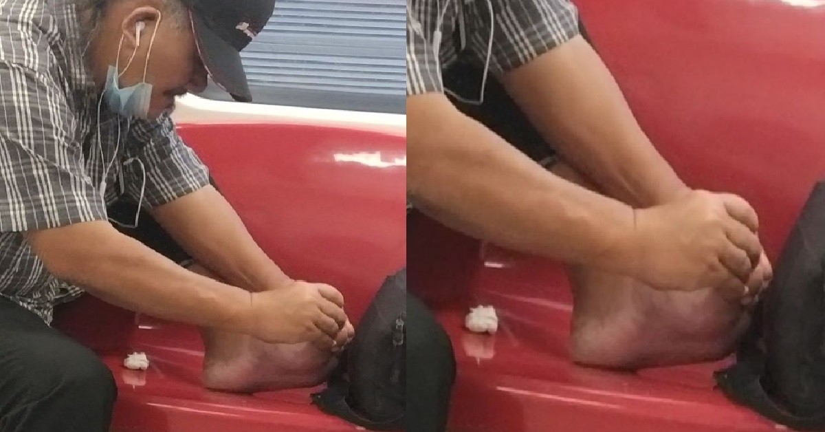 AH PEK TAKE OFF MASK, CUT TOENAILS ON MRT SEAT @ CHOA CHU KANG