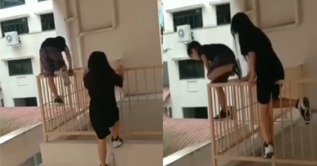CRAZY KIDS JUMP DOWN FROM 3RD FLOOR HDB RAILING FOR “FUN”