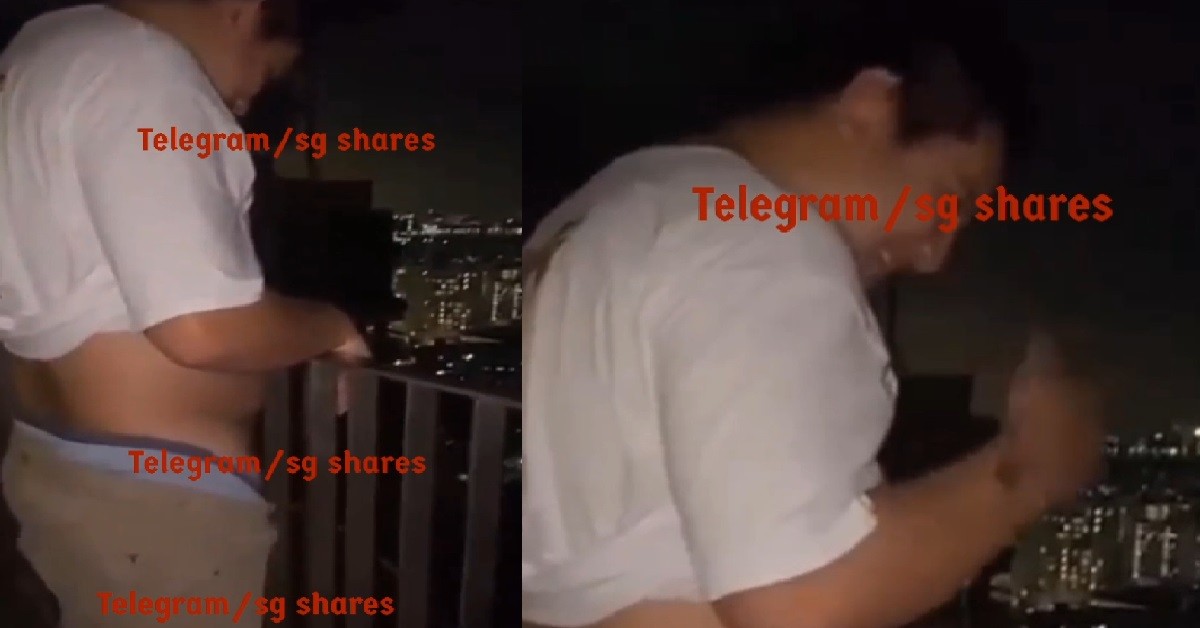 SIAO LANG PEEING FROM BALCONY DOWN ONTO GROUND FLOOR