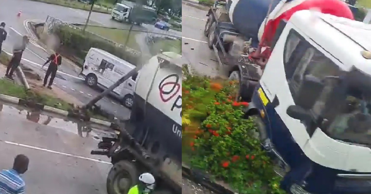 FUEL TANKER TRUCK CRASHED ONTO KERB @ JURONG TOWN HALL ROAD