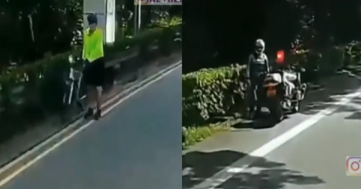 CYCLIST ON EXPRESSWAY SAW TP OFFICER, TURN AROUND & WALK BACK AGAINST TRAFFIC