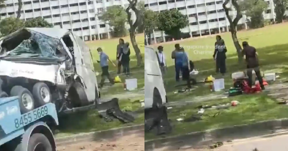 VAN CRASHED ONTO ROADSIDE KERB, PASSING CAR: “TSK TSK WAH! WALAO WEI!”
