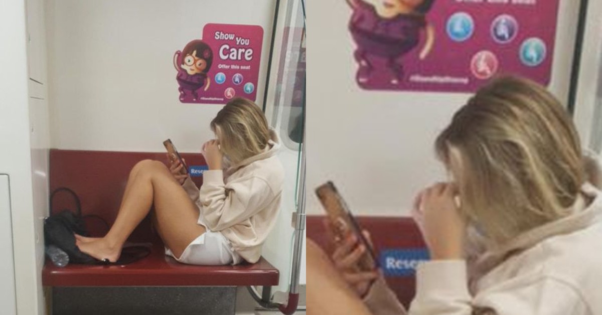 ANG MOH TAKES UP 2 SPACES IN MRT TO PUT HER LEGS & HANDBAG