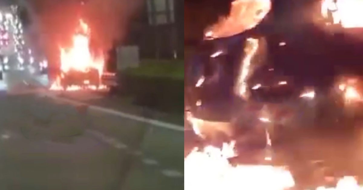 CAR BURST INTO FLAMES ON EXPRESSWAY, BURNED TO A CRISP