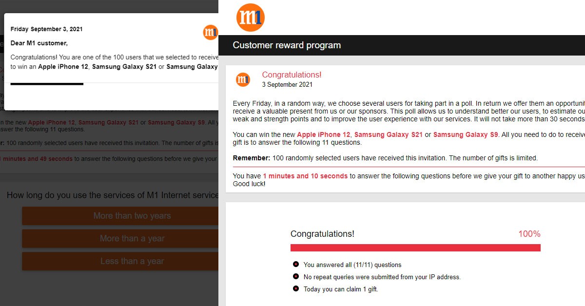 FAKE M1 WEBSITE, “U WON A PHONE, JUST PAY SHIPPING” SCAM ALERT