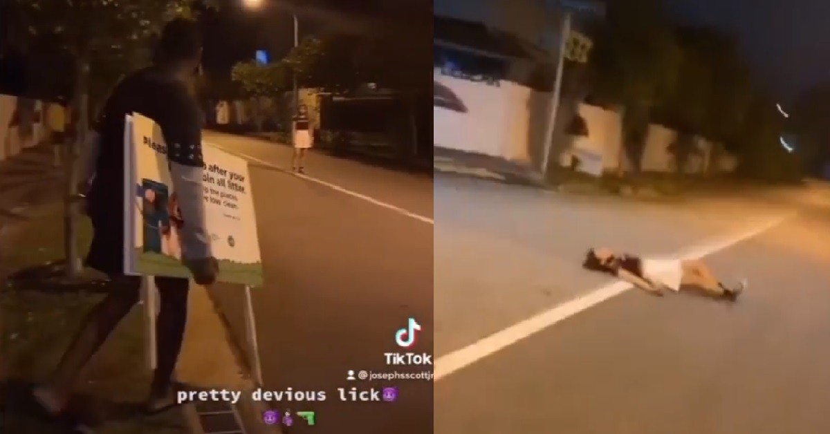 YPS LIE DOWN IN MIDDLE OF ROAD, STEAL “DOG POOPING” SIGN FROM ROAD