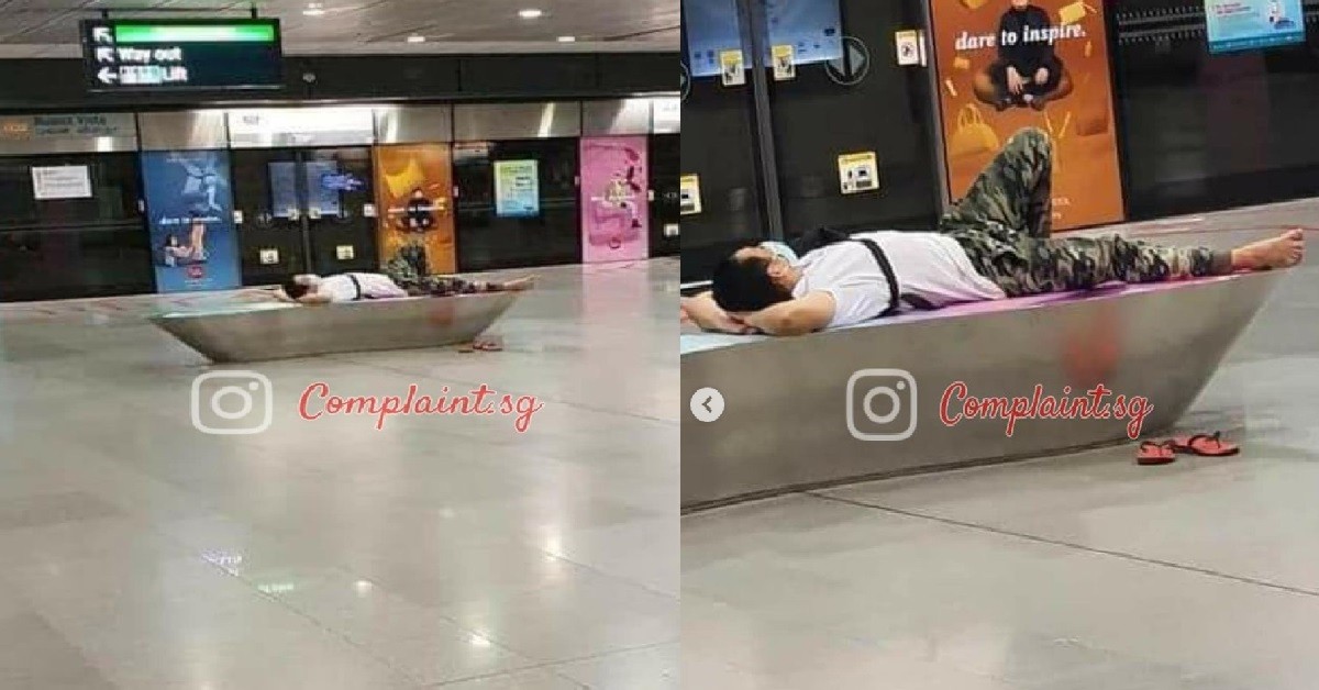 MAN TAKE OFF SLIPPERS, SLEEPING AT MRT STATION LIKE A BOSS