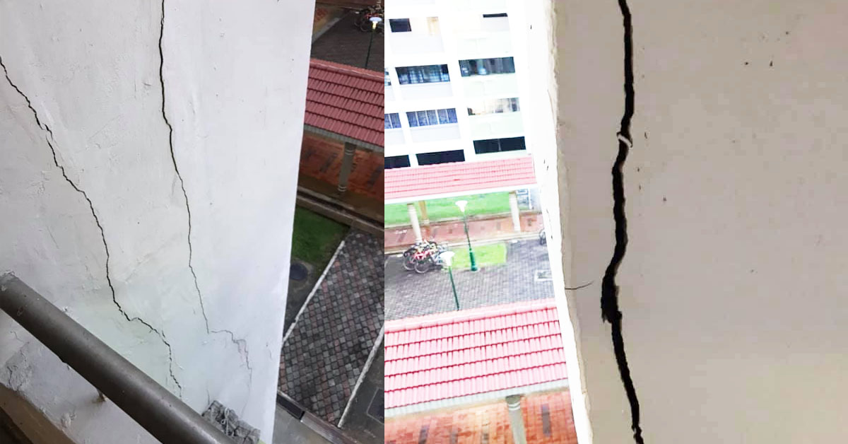 NETIZENS FOUND LARGE CRACKS AT TEBAN GARDENS, QUESTIONS SAFETY OF THE BUILDING